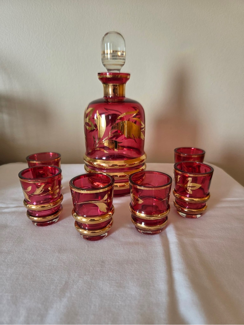 Ruby Red Glass Decanter Set with Gold Accents